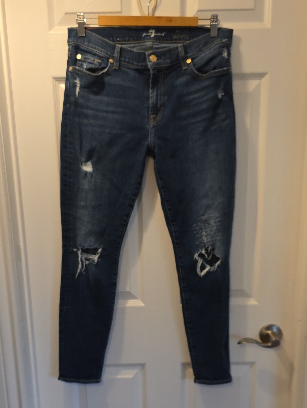 7 For All Mankind Dark Blue Distressed Skinny Jeans